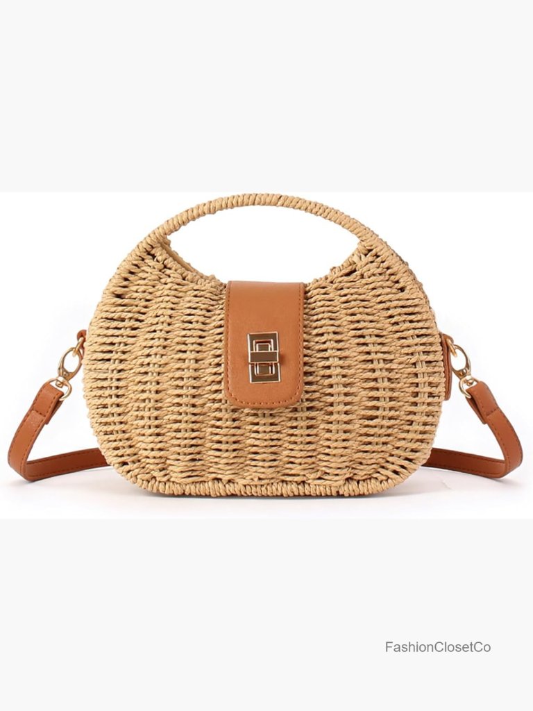 Straw Crossbody Handbag With Top Handle & Detachable Strap